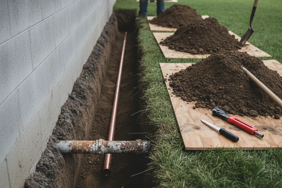 Excavated water line trench during Sewer Line Repair in Butner